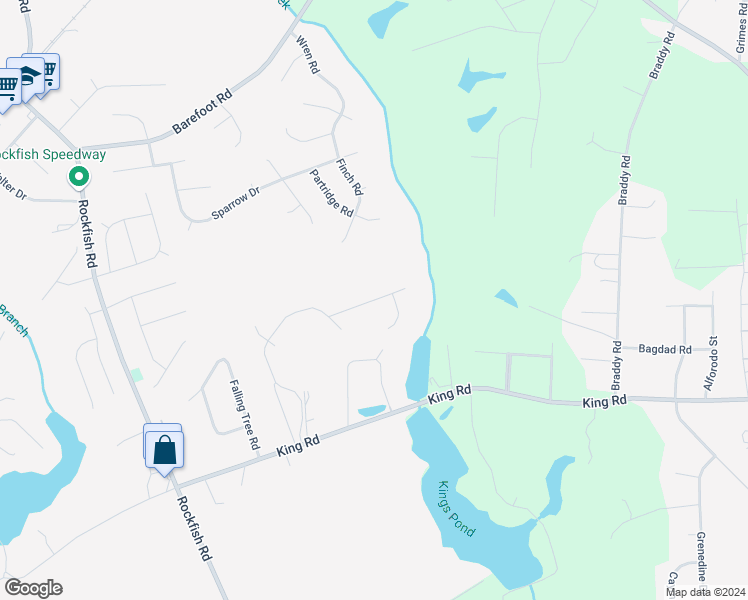 map of restaurants, bars, coffee shops, grocery stores, and more near 223 Bonney Lane in Raeford