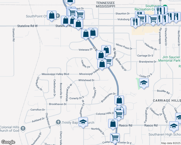 map of restaurants, bars, coffee shops, grocery stores, and more near 1730 Mississippi Valley Boulevard in Southaven