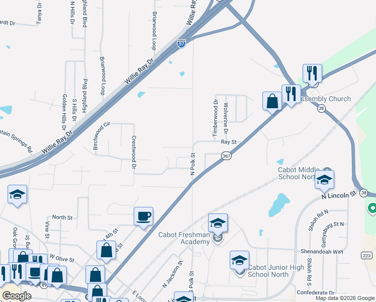 map of restaurants, bars, coffee shops, grocery stores, and more near 300 North Polk Street in Cabot