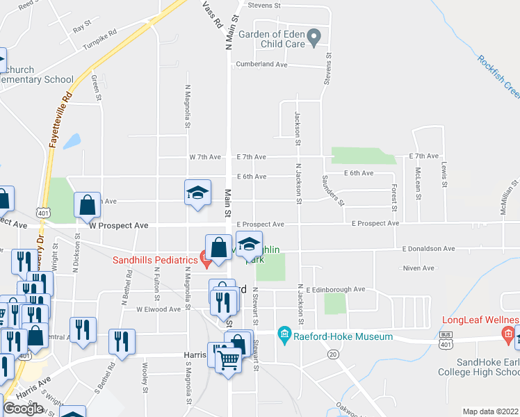 map of restaurants, bars, coffee shops, grocery stores, and more near 510 North Stewart Street in Raeford