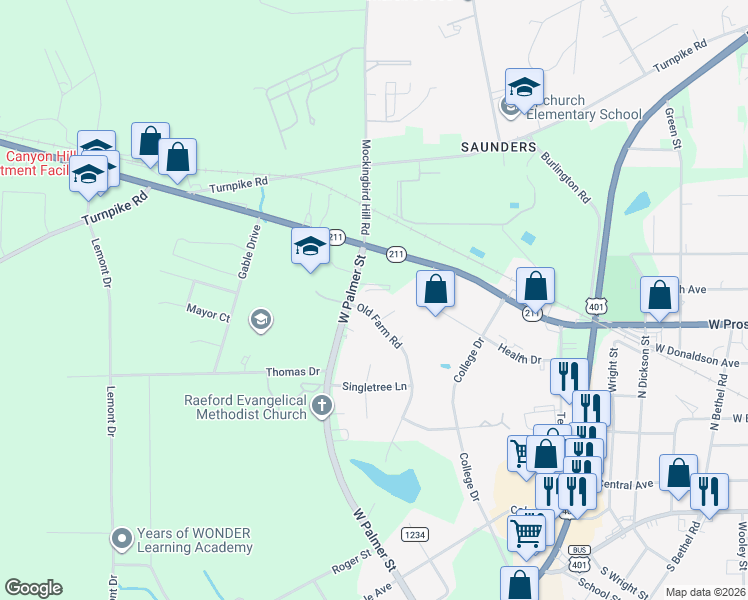 map of restaurants, bars, coffee shops, grocery stores, and more near 206-258 Old Farm Rd in Raeford