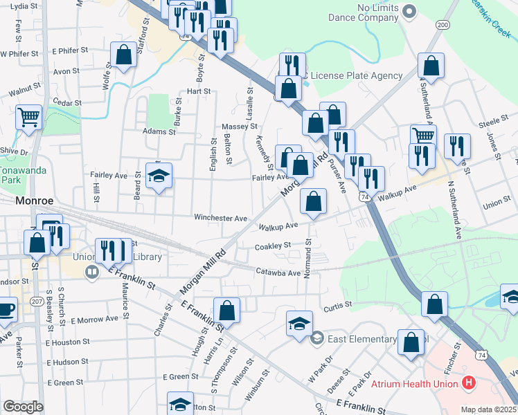 map of restaurants, bars, coffee shops, grocery stores, and more near 601 1st Street in Monroe