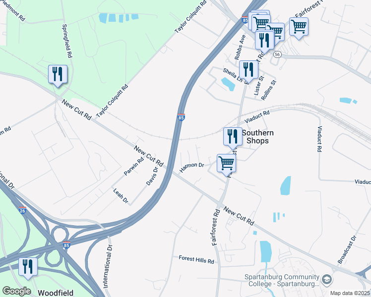 map of restaurants, bars, coffee shops, grocery stores, and more near 239 Lapear Drive in Spartanburg
