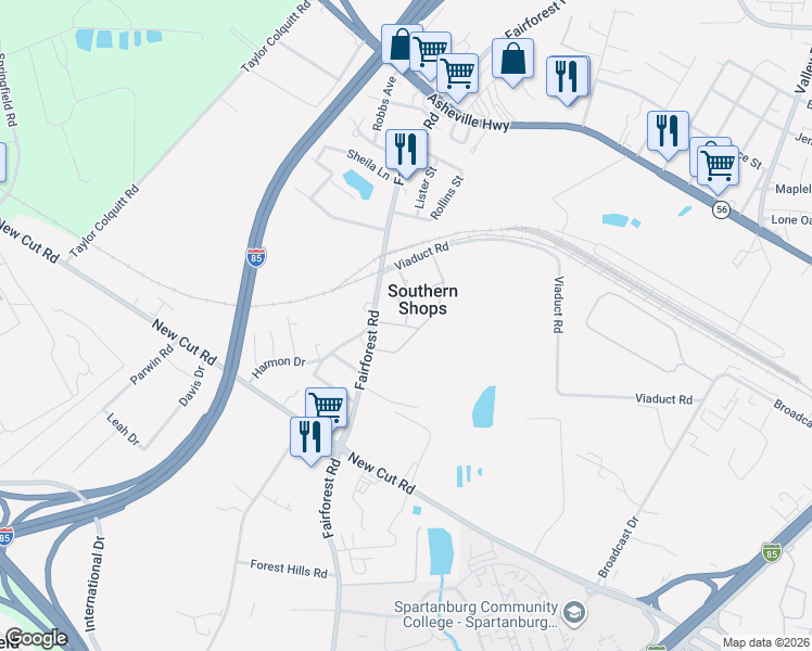 map of restaurants, bars, coffee shops, grocery stores, and more near 8526 Anchor Street in Spartanburg