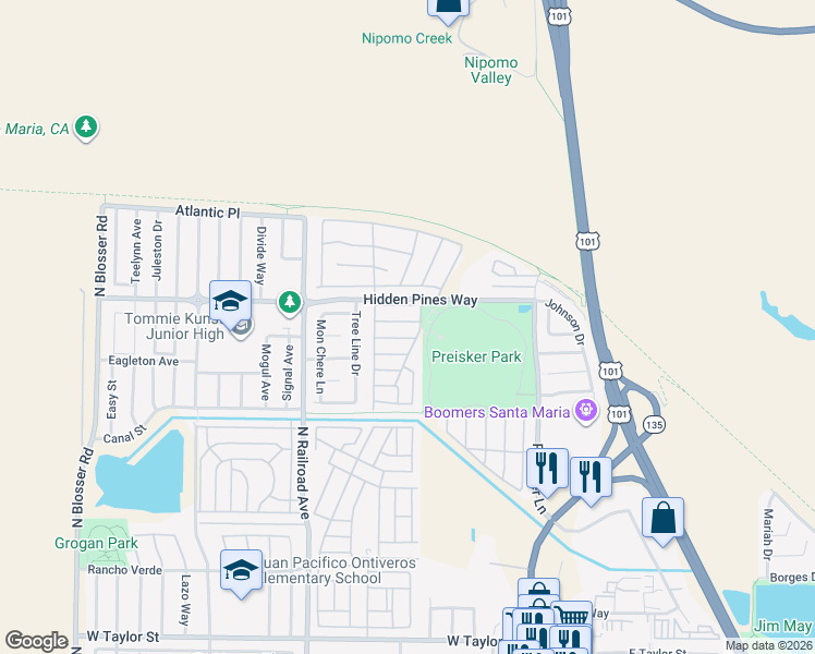 map of restaurants, bars, coffee shops, grocery stores, and more near 506 Presidio Way in Santa Maria