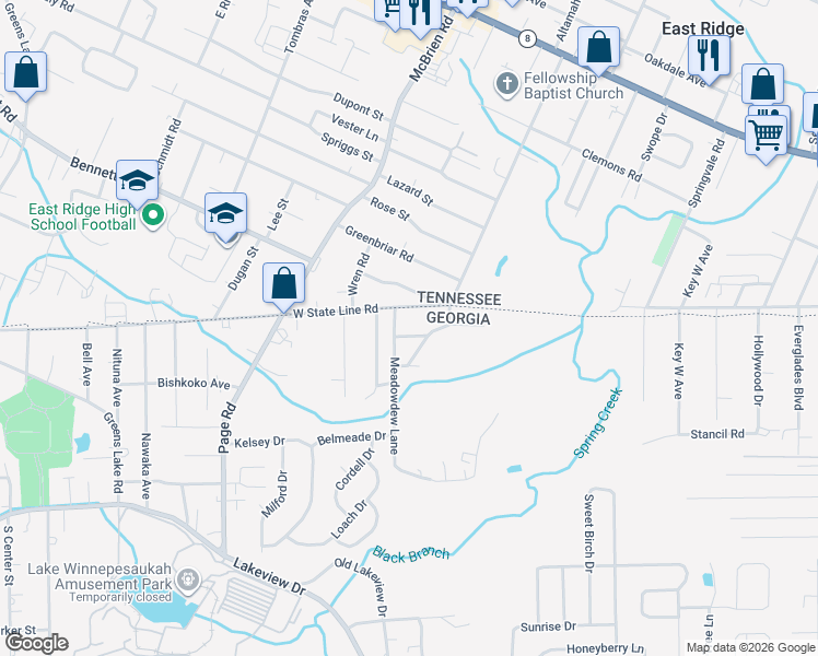 map of restaurants, bars, coffee shops, grocery stores, and more near 85 Meadowdew Lane in Rossville