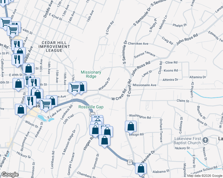 map of restaurants, bars, coffee shops, grocery stores, and more near 220 West Crest Road in Rossville
