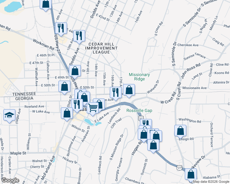 map of restaurants, bars, coffee shops, grocery stores, and more near 306 East Gordon Avenue in Rossville