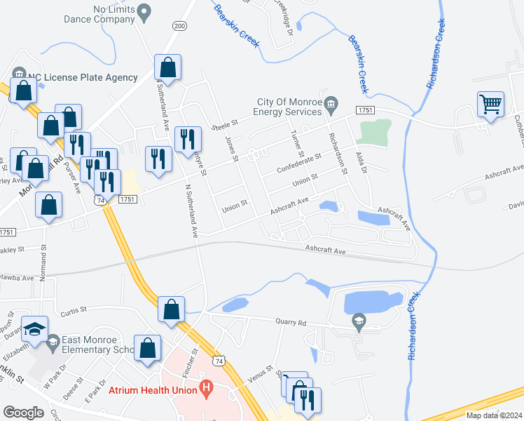 map of restaurants, bars, coffee shops, grocery stores, and more near 1903 Ashcraft Avenue in Monroe