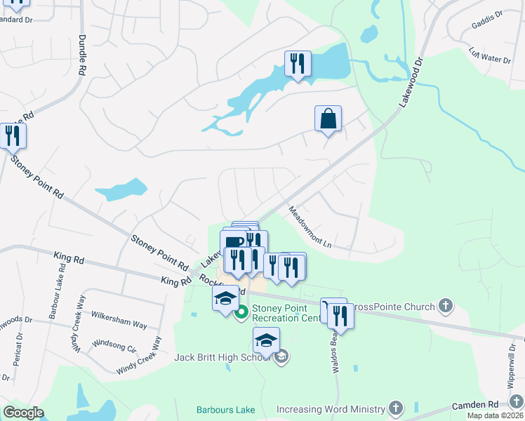 map of restaurants, bars, coffee shops, grocery stores, and more near 5656-5746 Lakewood Drive in Fayetteville