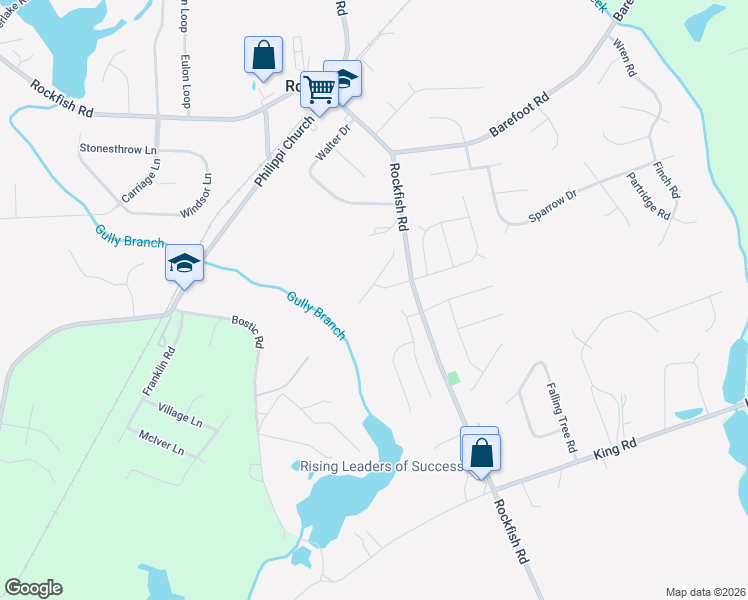 map of restaurants, bars, coffee shops, grocery stores, and more near 115 Crabapple Lane in Raeford