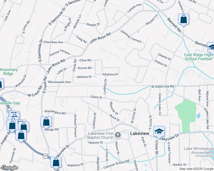 map of restaurants, bars, coffee shops, grocery stores, and more near 52 Lookout Drive in Rossville
