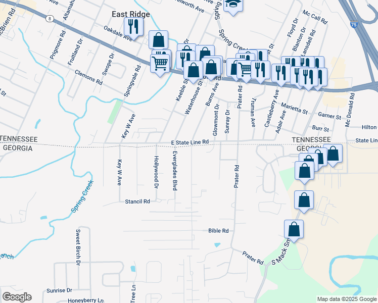 map of restaurants, bars, coffee shops, grocery stores, and more near 44 Biscayne Boulevard in Rossville