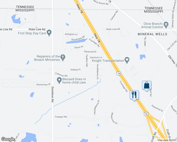 map of restaurants, bars, coffee shops, grocery stores, and more near 6329 Asbury Place in Olive Branch