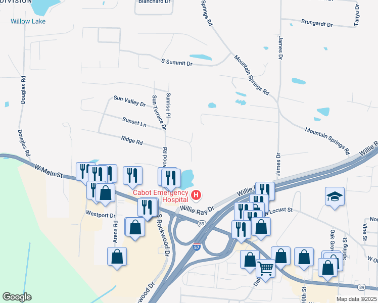 map of restaurants, bars, coffee shops, grocery stores, and more near 24 Sun Vista Lane in Cabot