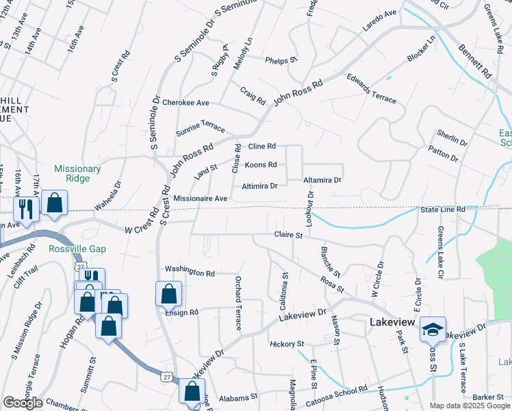map of restaurants, bars, coffee shops, grocery stores, and more near 302 Claire Street in Rossville