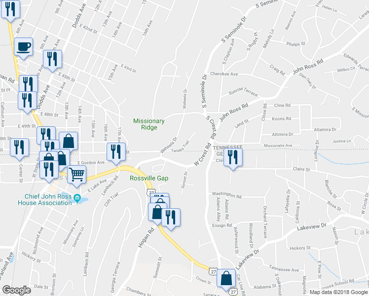 map of restaurants, bars, coffee shops, grocery stores, and more near 220 West Crest Road in Rossville