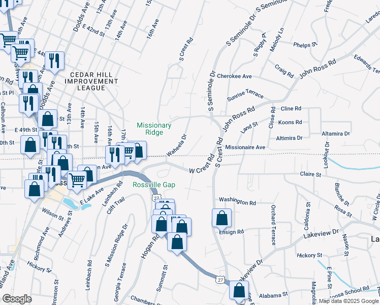 map of restaurants, bars, coffee shops, grocery stores, and more near 220 West Crest Road in Rossville