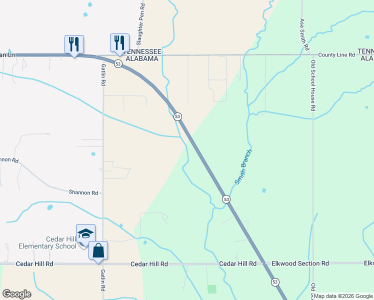map of restaurants, bars, coffee shops, grocery stores, and more near 28718 Alabama 53 in Ardmore