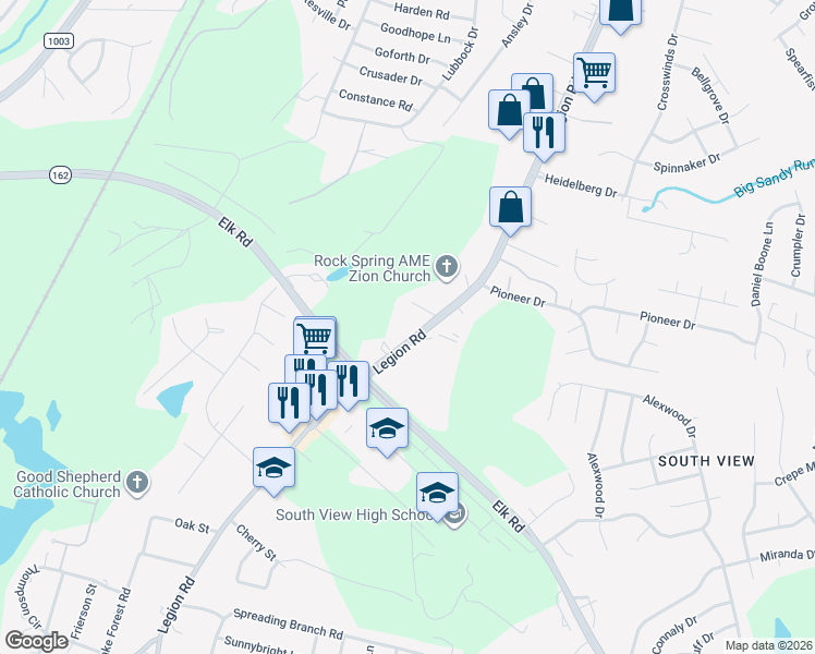 map of restaurants, bars, coffee shops, grocery stores, and more near 4140 Legion Road in Hope Mills