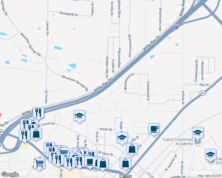 map of restaurants, bars, coffee shops, grocery stores, and more near 41 Woodhaven Drive in Cabot