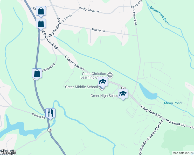 map of restaurants, bars, coffee shops, grocery stores, and more near 3000 East Gap Creek Road in Greer