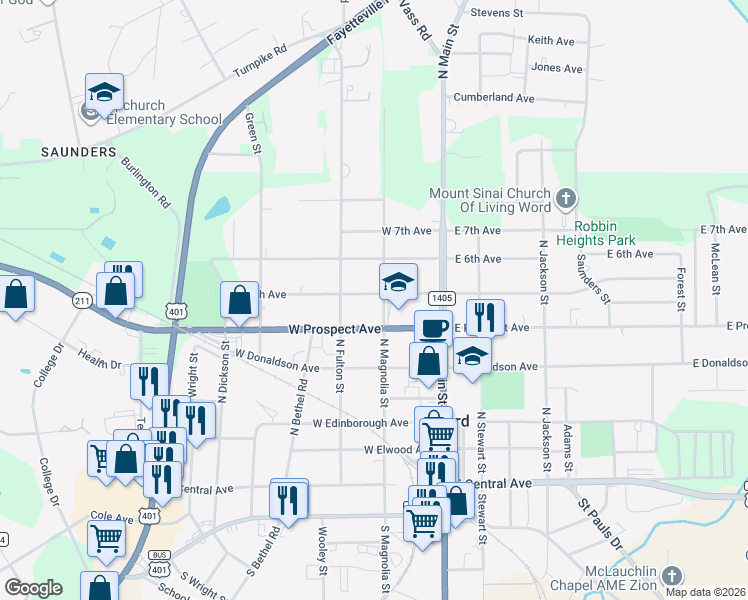 map of restaurants, bars, coffee shops, grocery stores, and more near 607 North Magnolia Street in Raeford
