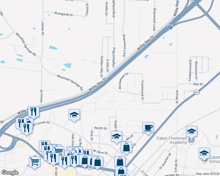 map of restaurants, bars, coffee shops, grocery stores, and more near 16 Birchwood Cove in Cabot