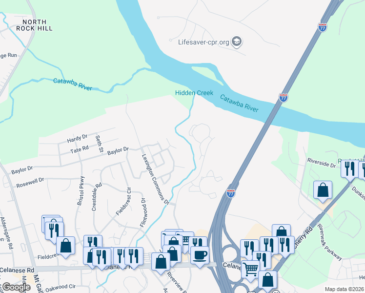 map of restaurants, bars, coffee shops, grocery stores, and more near 1776 Lexington Commons Drive in Rock Hill