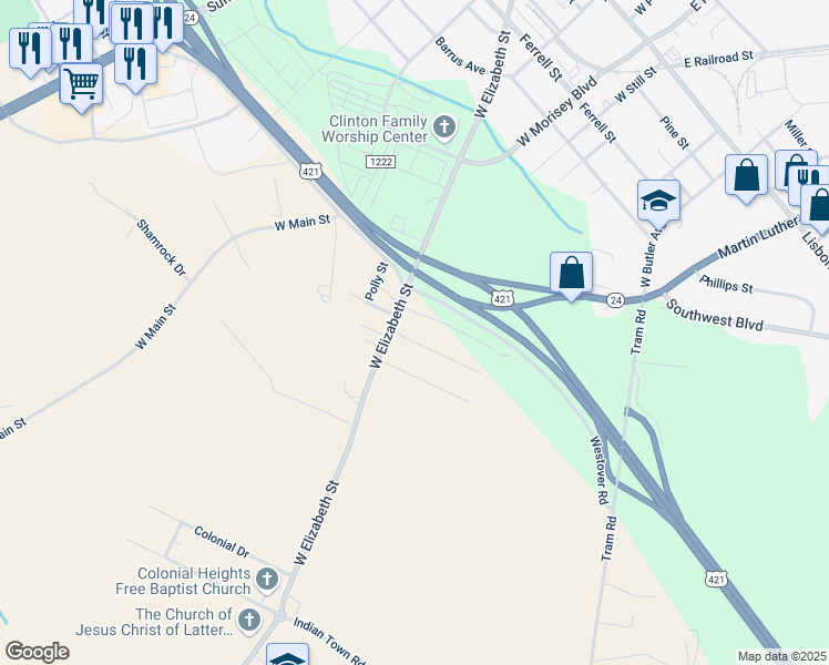 map of restaurants, bars, coffee shops, grocery stores, and more near 609 West Elizabeth Street in Clinton