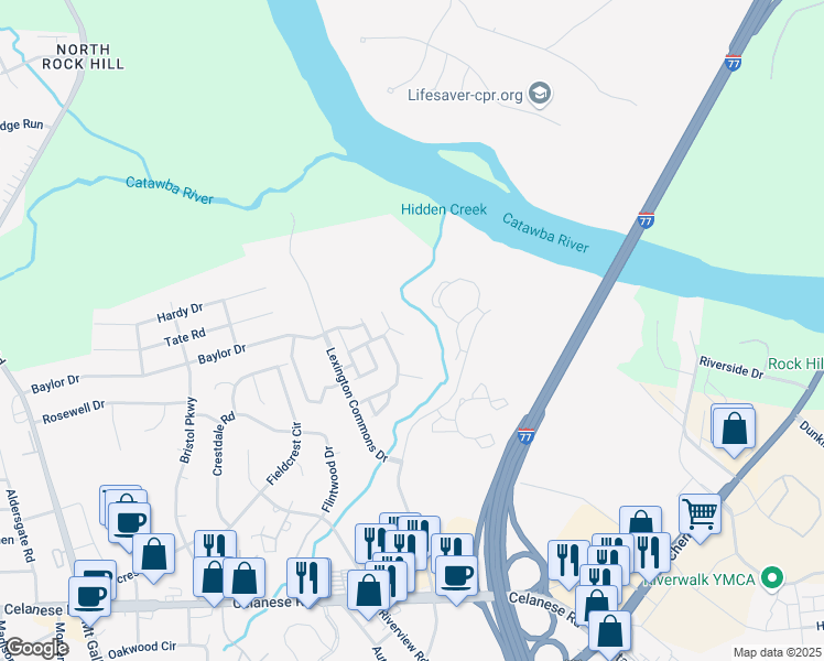 map of restaurants, bars, coffee shops, grocery stores, and more near 1776 Lexington Commons Drive in Rock Hill