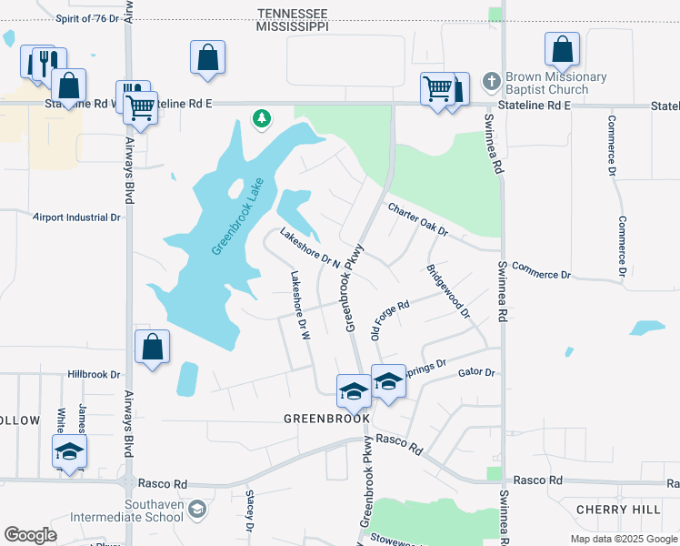 map of restaurants, bars, coffee shops, grocery stores, and more near 512 Lake Shore Drive North in Southaven