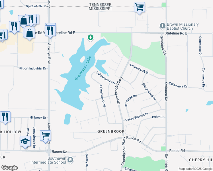 map of restaurants, bars, coffee shops, grocery stores, and more near 512 Lake Shore Drive North in Southaven