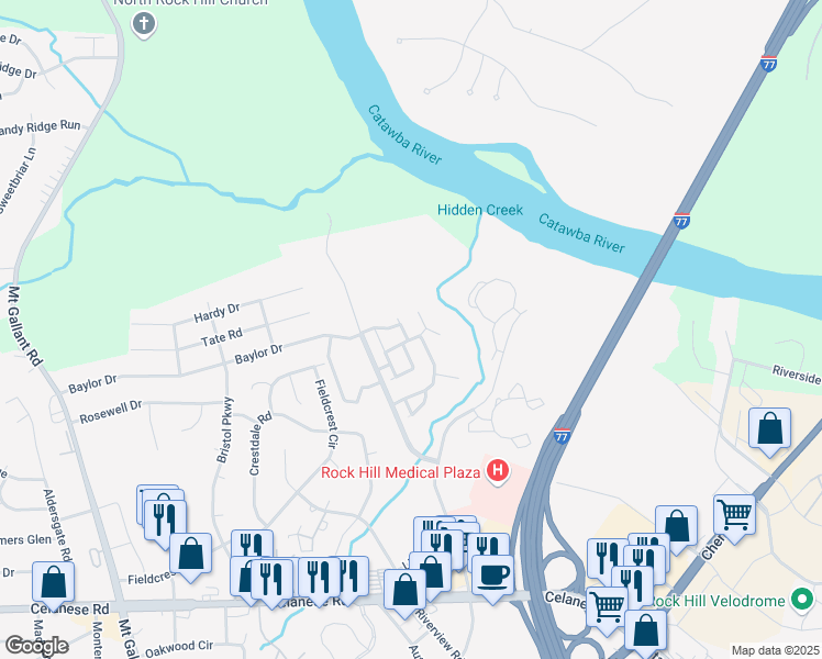 map of restaurants, bars, coffee shops, grocery stores, and more near 1214 Iron Gate Court in Rock Hill