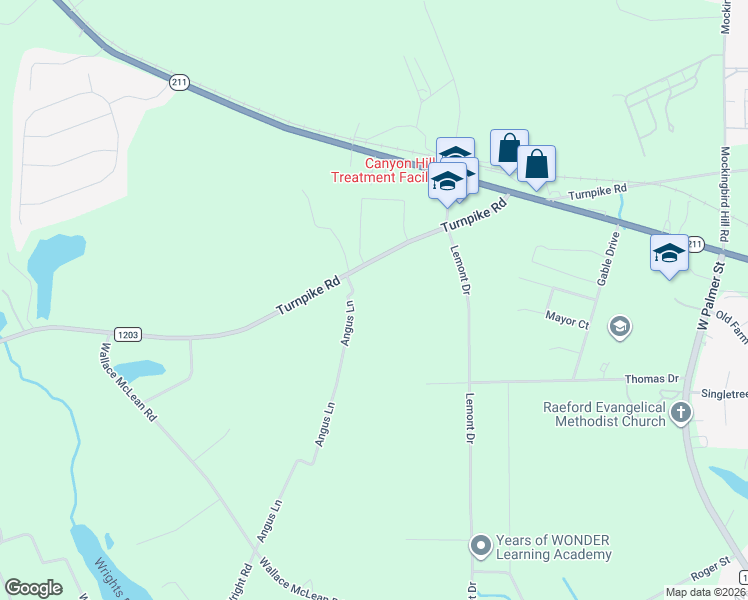 map of restaurants, bars, coffee shops, grocery stores, and more near 104 Angus Lane in Raeford