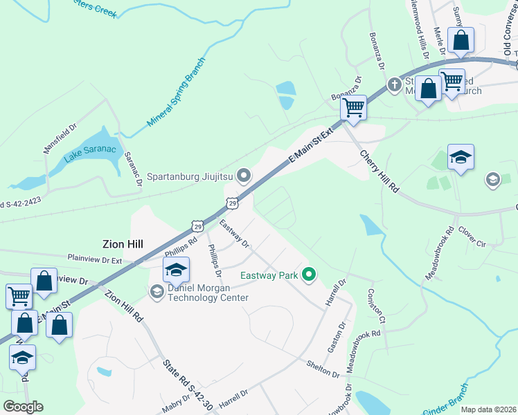 map of restaurants, bars, coffee shops, grocery stores, and more near 2989 East Main Street Extension in Spartanburg