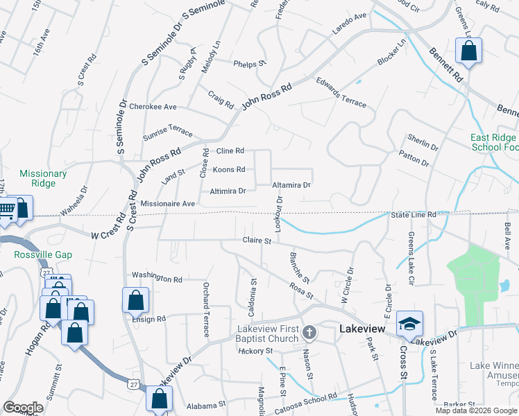 map of restaurants, bars, coffee shops, grocery stores, and more near 3714 Altamira Drive in Chattanooga