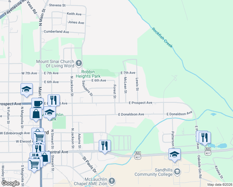 map of restaurants, bars, coffee shops, grocery stores, and more near 608 Forest Street in Raeford