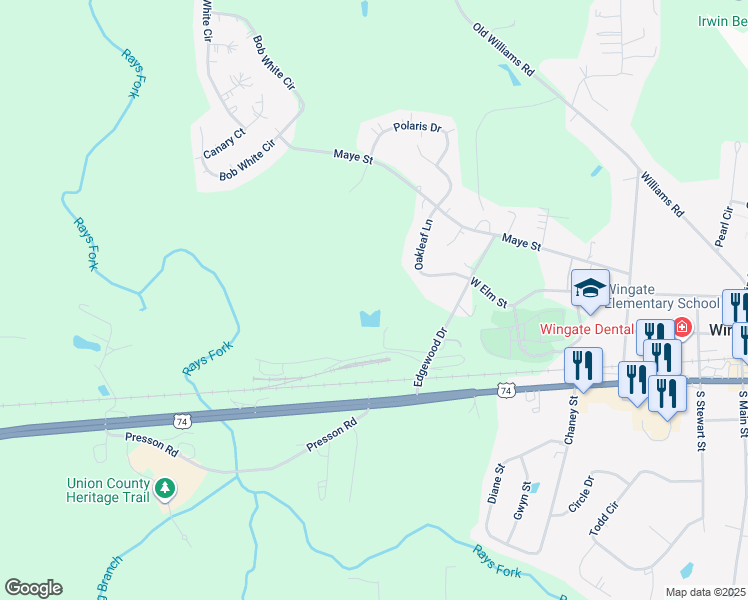 map of restaurants, bars, coffee shops, grocery stores, and more near 125 Oakleaf Lane in Wingate