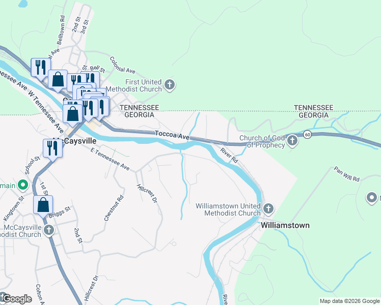 map of restaurants, bars, coffee shops, grocery stores, and more near 645 East Tennessee Avenue in McCaysville