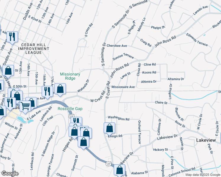 map of restaurants, bars, coffee shops, grocery stores, and more near 3413 Missionaire Avenue in Chattanooga