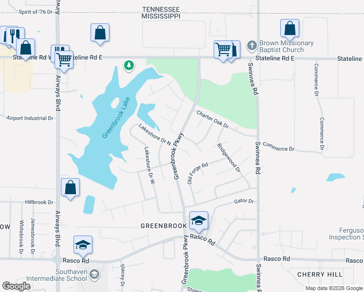 map of restaurants, bars, coffee shops, grocery stores, and more near 8590 Greenbrook Parkway in Southaven