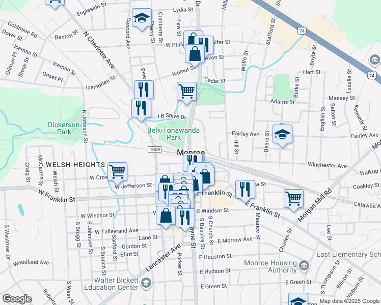 map of restaurants, bars, coffee shops, grocery stores, and more near in Monroe