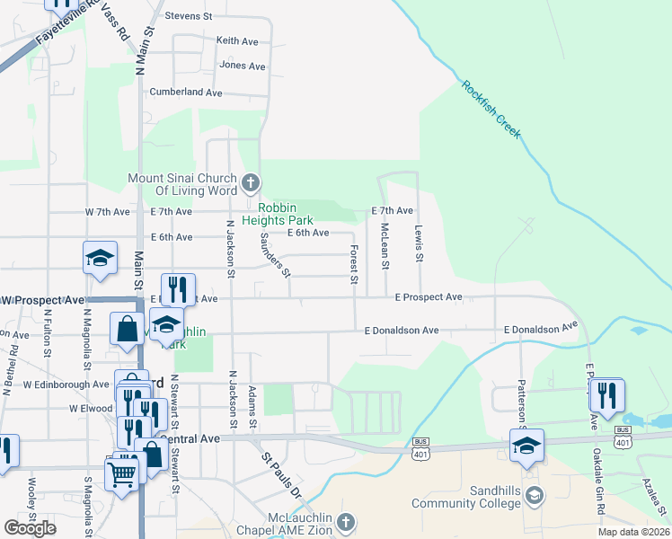 map of restaurants, bars, coffee shops, grocery stores, and more near 520 East 5th Avenue in Raeford
