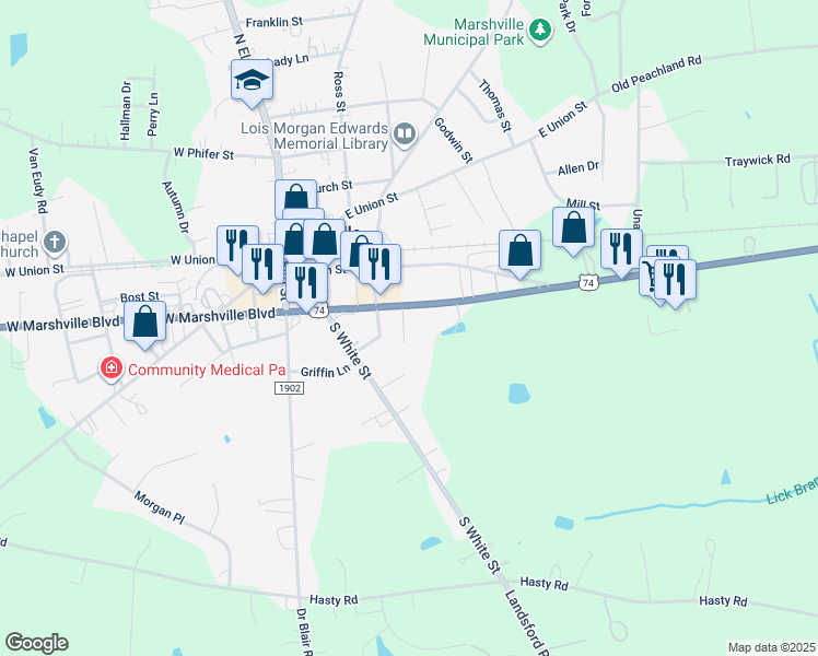 map of restaurants, bars, coffee shops, grocery stores, and more near 409 Morgan Street in Marshville