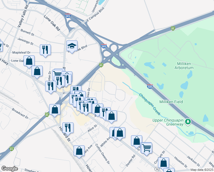 map of restaurants, bars, coffee shops, grocery stores, and more near 100 Mosspoint Circle in Spartanburg