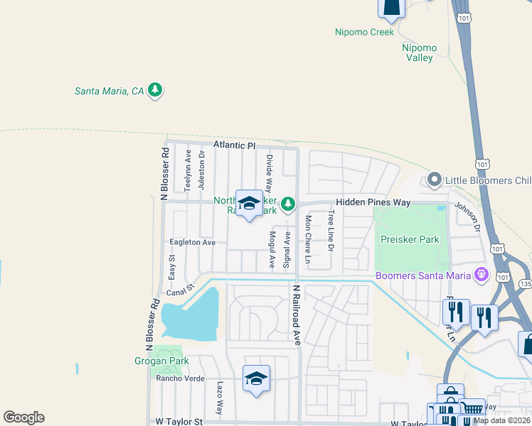map of restaurants, bars, coffee shops, grocery stores, and more near 930 Hidden Pines Way in Santa Maria