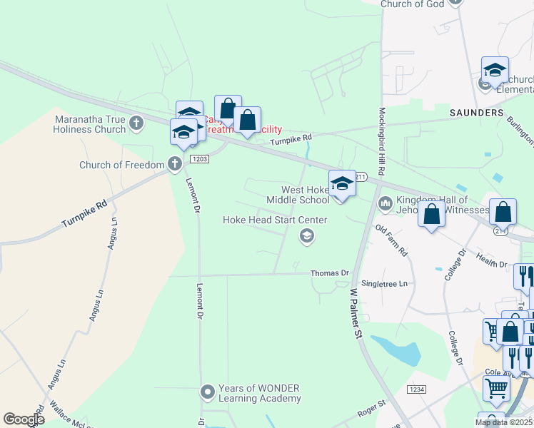 map of restaurants, bars, coffee shops, grocery stores, and more near 181 Westminster Drive in Raeford