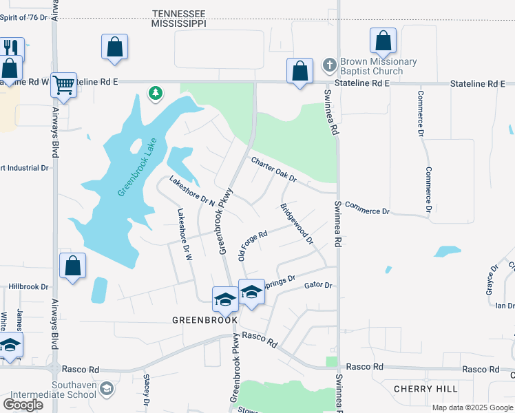 map of restaurants, bars, coffee shops, grocery stores, and more near 8581 Woodbine Drive in Southaven