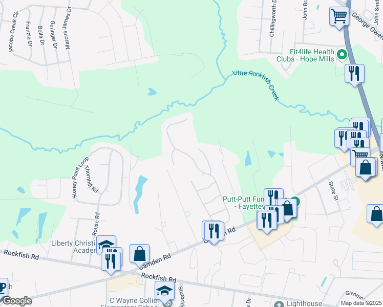 map of restaurants, bars, coffee shops, grocery stores, and more near 3413 Harrisburg Drive in Fayetteville